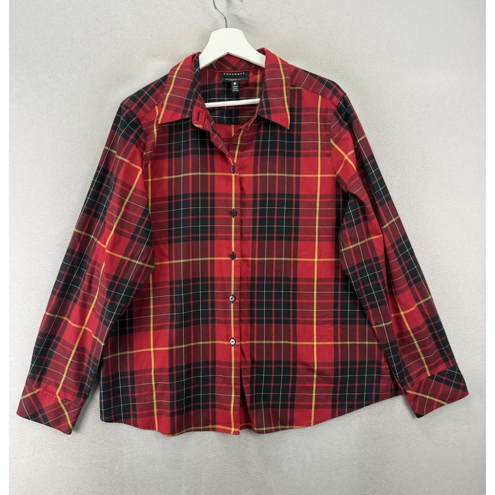 Foxcroft Red Black Plaid Button Shirt Women's Sz 18 Wrinkle Free Shaped Fit Top